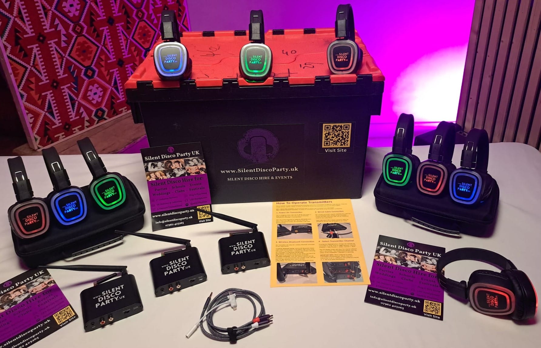 Silent disco LED headphones showing red green and blue channels